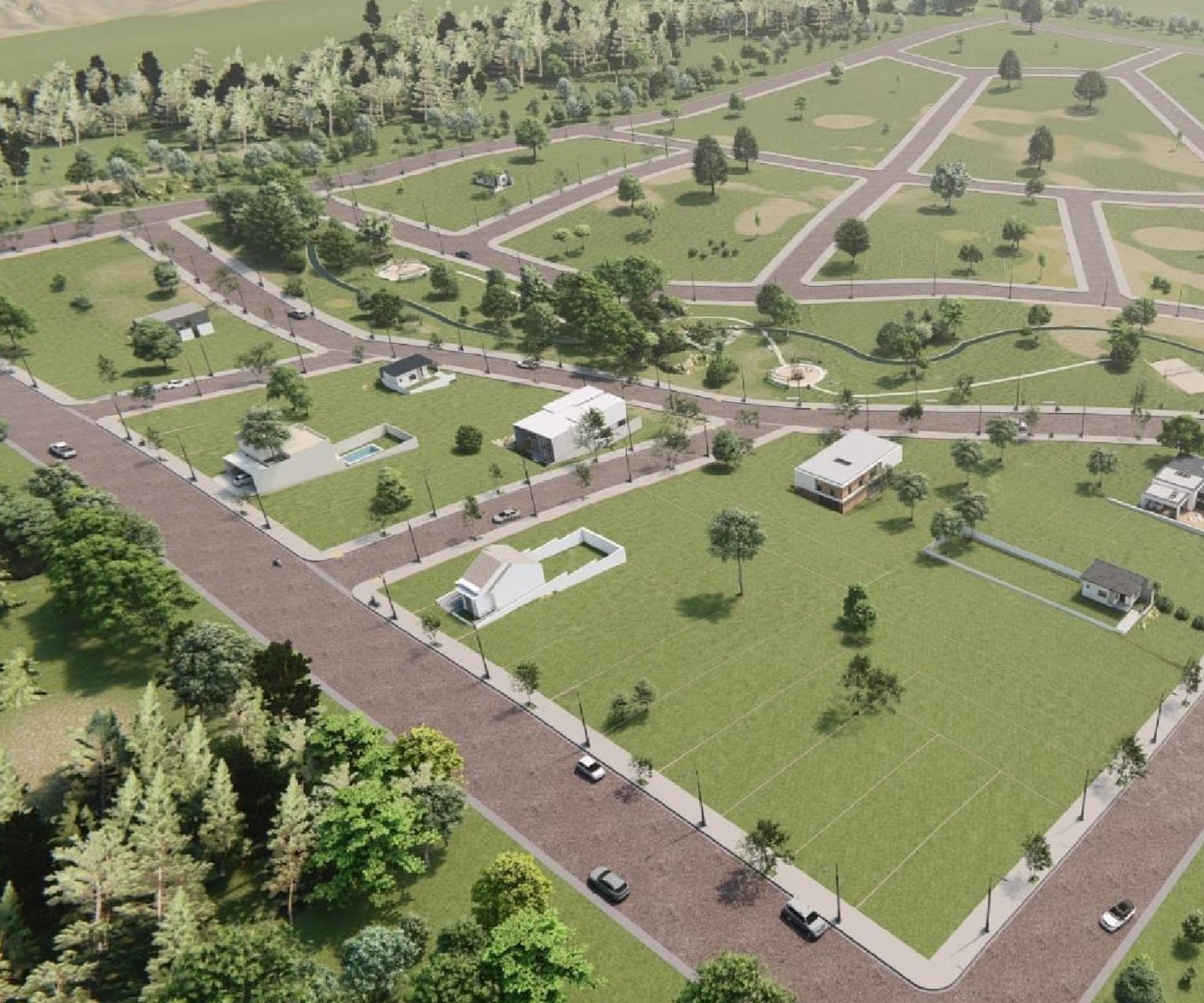 Vista aérea de desarrollo inmobiliario y lotes en urbanización